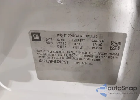 2015 Chevrolet Cruze Ls Auto из США, поврежденный, VIN 1G1PA5SH4F7209231